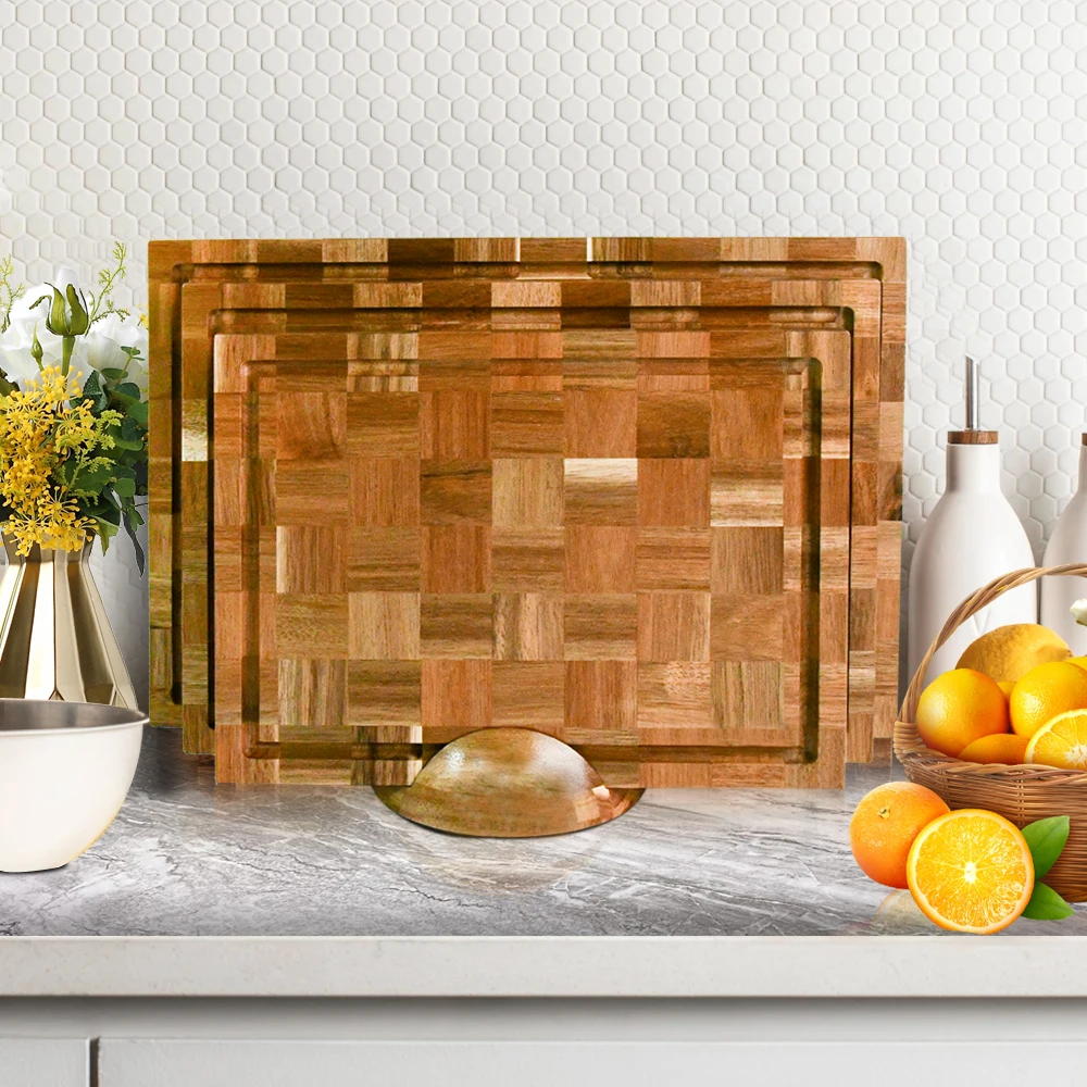 Large Acacia Wood Cutting Chopping Board for Kitchen with End-Grain,Thick Large Butcher Block with Juice Groove