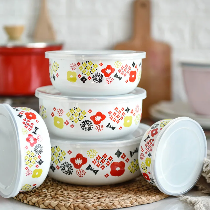 OEM reusable white decal printed 5pcs enamel camping mixing popcorn soup salad ice storage preservation bowl set for outdoors