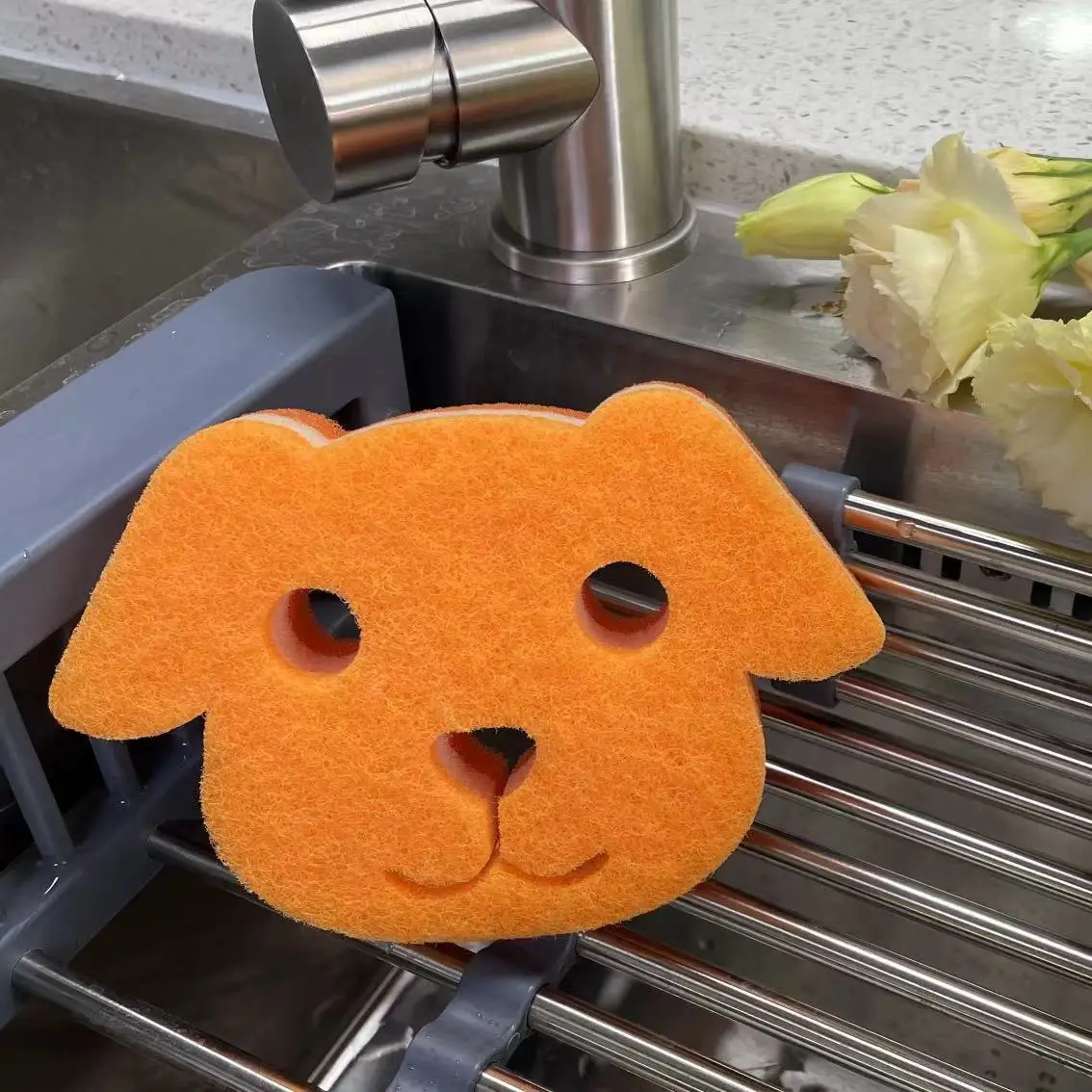Animal dog shape tableware dish cleaning scourer / scrubber three layers sponge pad