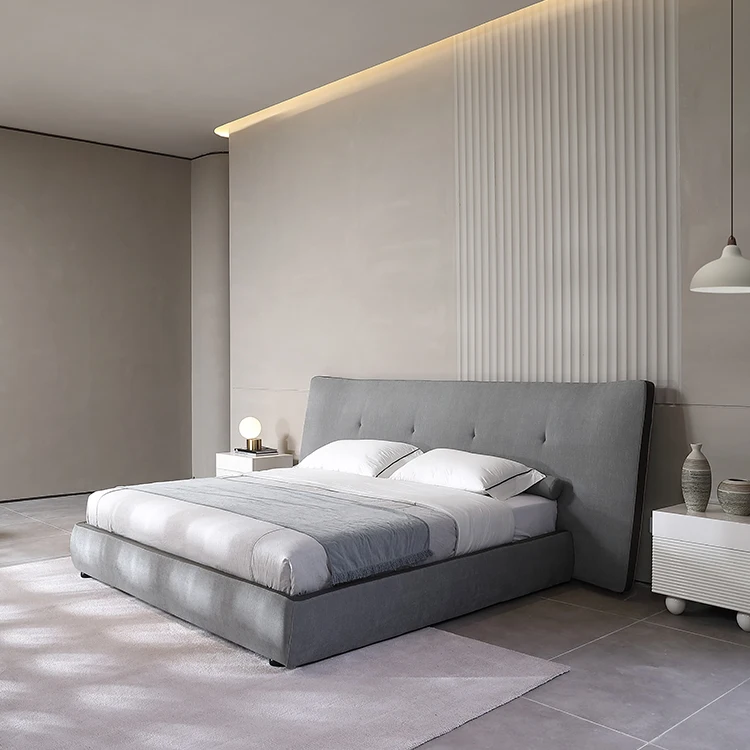 high quality bedroom furniture luxury high headboard grey fabric bed latest designer modern double bed