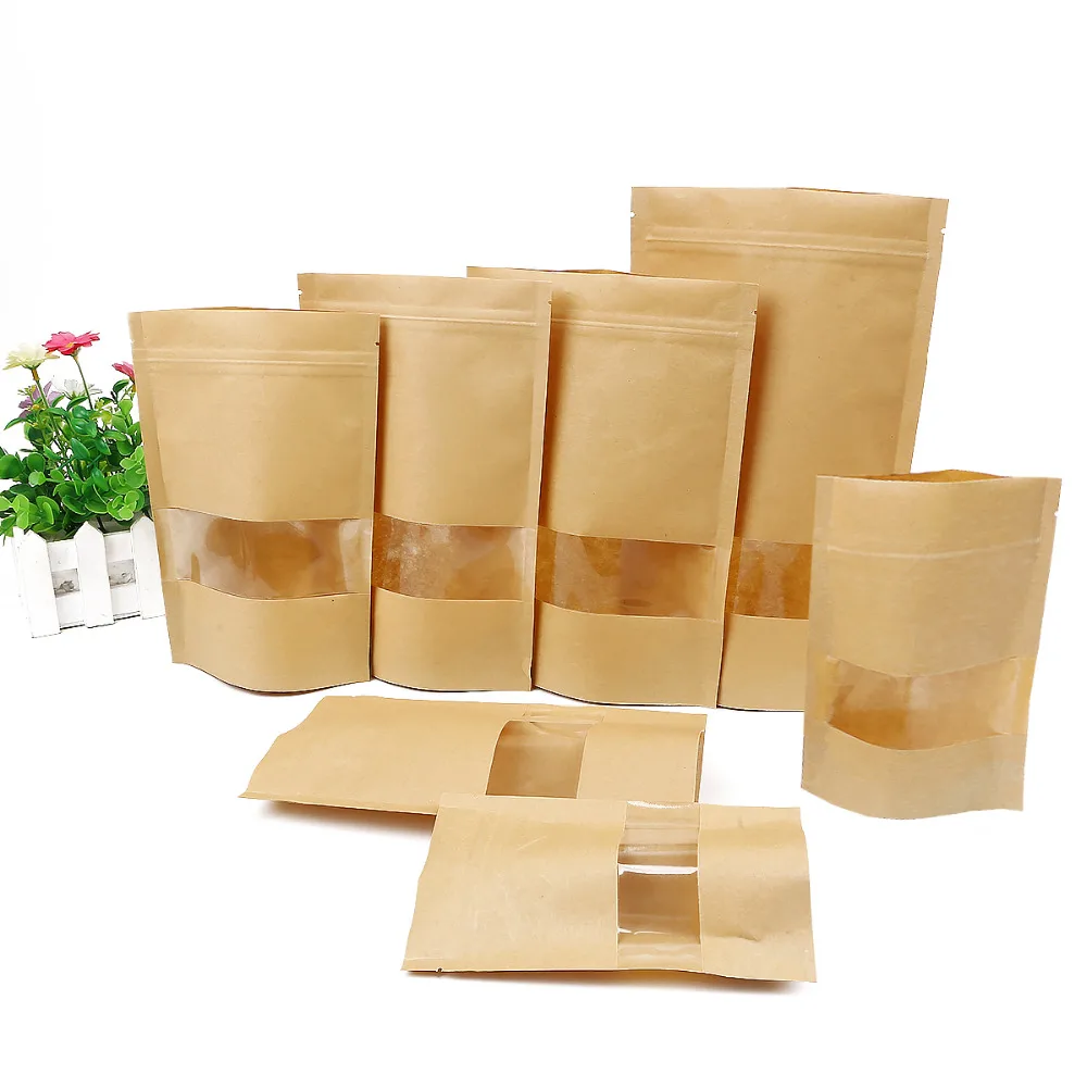 
2021 Factory promotion Biodegradable Zipper Brown Kraft Paper Bags Tea food Packaging Stand Up Paper Zip lock Bag 
