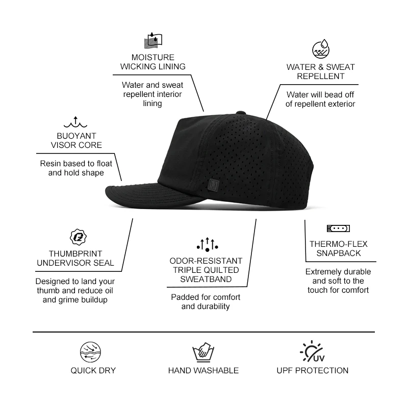 Qianzun Waterproof Perforated 5 Panel Golf Hats Unstructured Personalized Caps Melin Hydro Hat With Rubber Patch