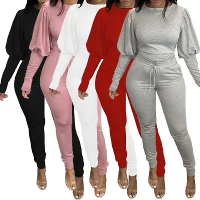 New Arrivals Fall 2020 Women Clothing 2 Set Outfit Puffle Sleeve Solid Tracksuit Bodysuite Outfit For Women