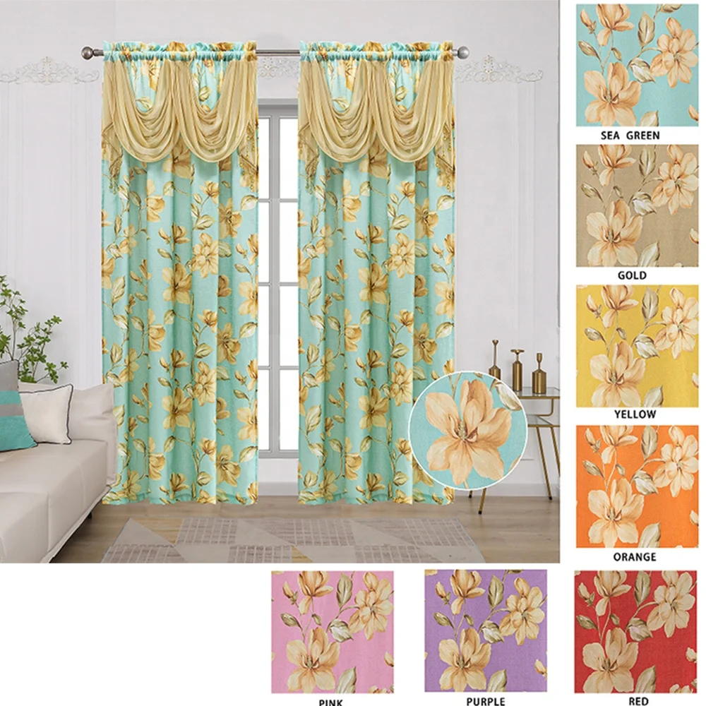 Wholesale ready printed linen window golden flower valance curtains for living room cheap modern bedroom kitchen curtain drape