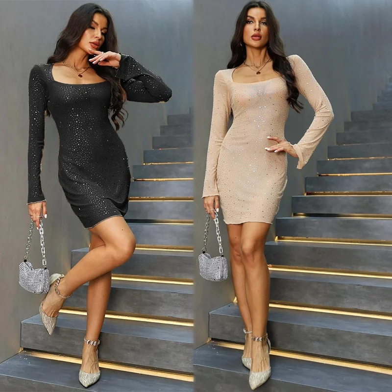 Womens Rhinestone Evening Dresses Sexy Diamond Club Outfits Sheer Mesh Long Sleeve Gown Sequin Dress