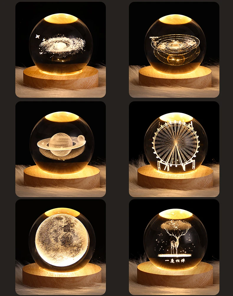 3D art crystal ball inner engrave personalized led lights home decoration solar system moon led table lamp with wooden base