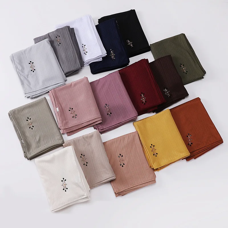 Fashion solid color knitted cotton striped turban head scarf  plain ribbed jersey hijabs scarf with rhinestone shawls