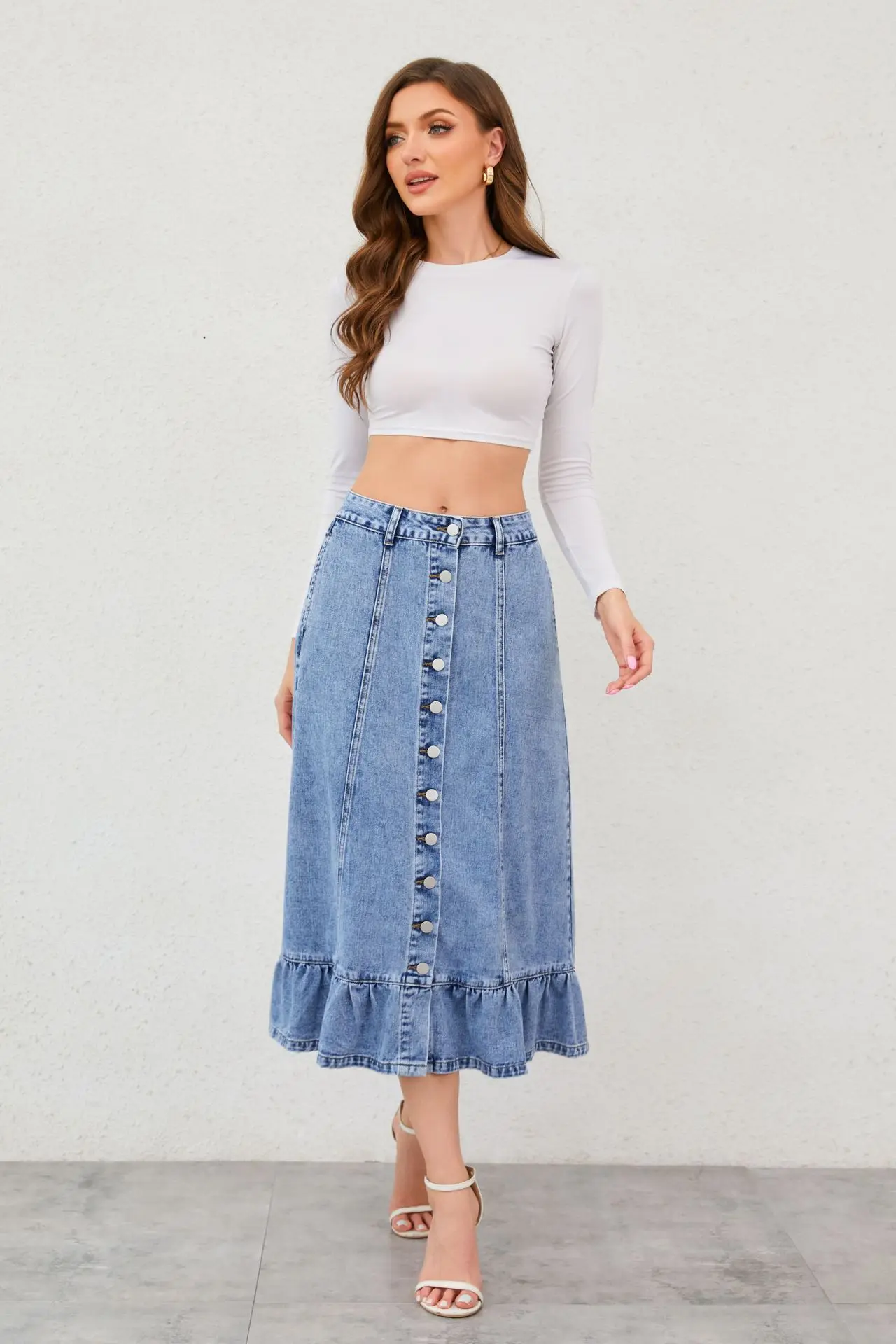 Hot-sell Long Denim mermaid Hem Hip Wrap Jean Maxi Skirt