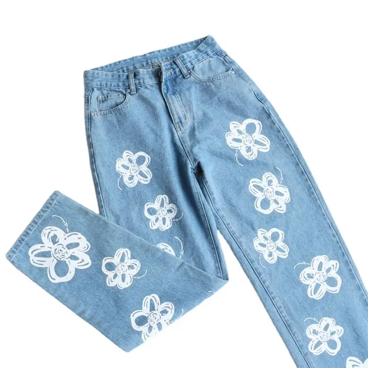 2021 new trending ladies jeans dresses women vintage graffiti pattern light blue women jeans pants for girls