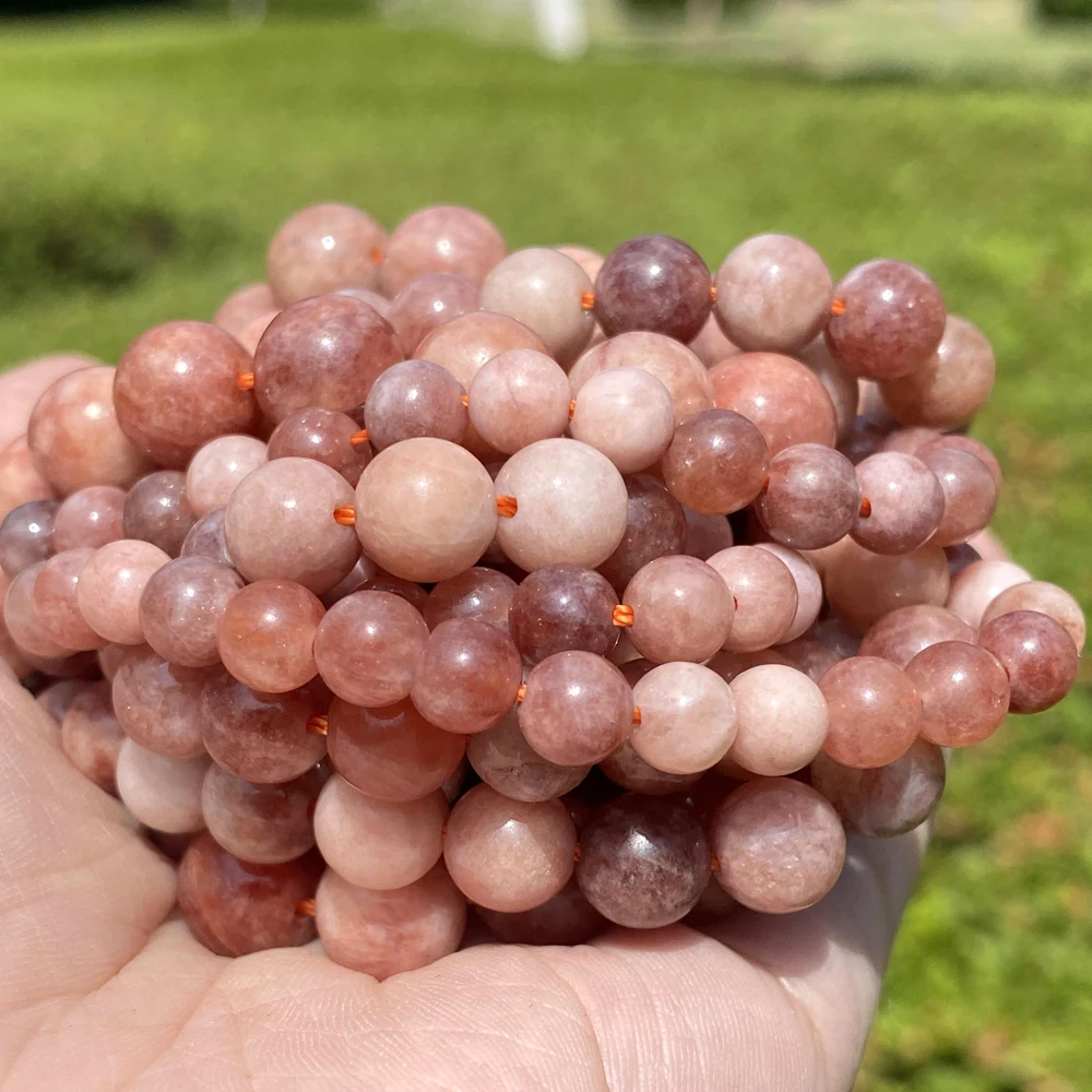 AsVrai U A+ Natural Stone Sunstone Bead Pink Smooth Round Loose Spacer Beads for Jewelry Making Supplier DIY Charm Bracelet 15'
