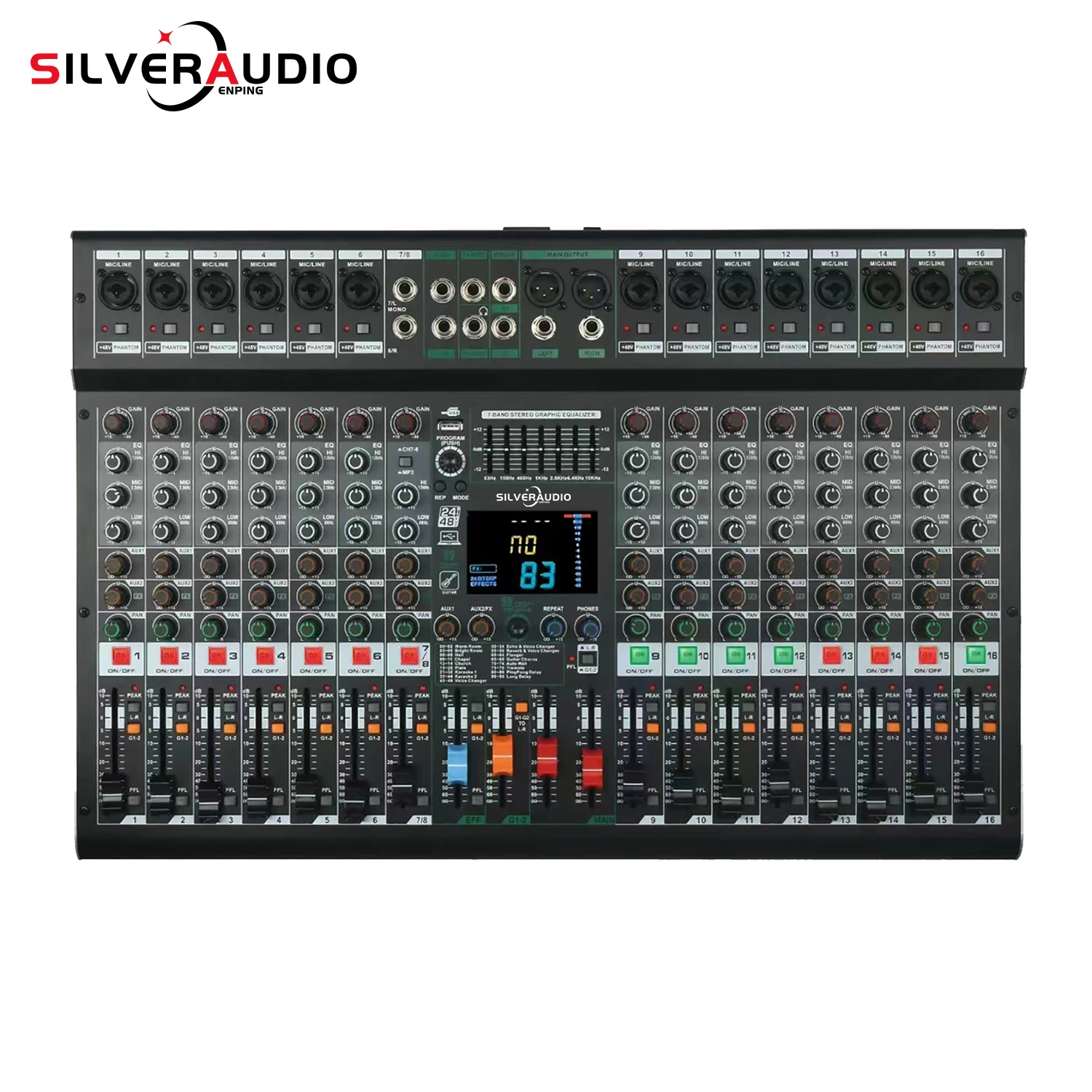 GAX-GS16 professional 16 channel 99DSP48V mixer 7-band stereo equalizer with MP3 USB recording LED display