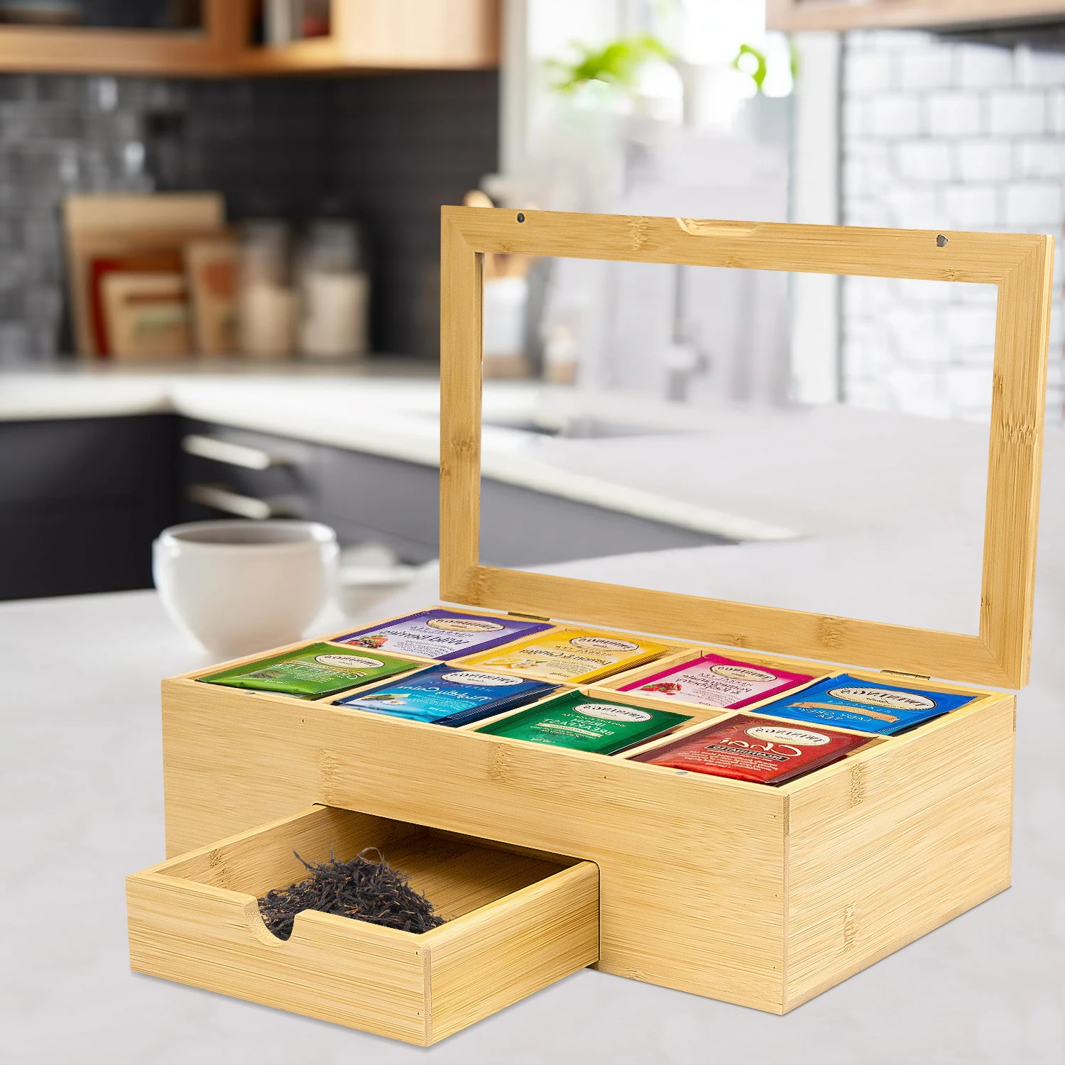 GL 6 Compartments High Quality Natural Bamboo Tea Bag Organizer Box,Tea Holder for Tea Bags Organizer With Drawer