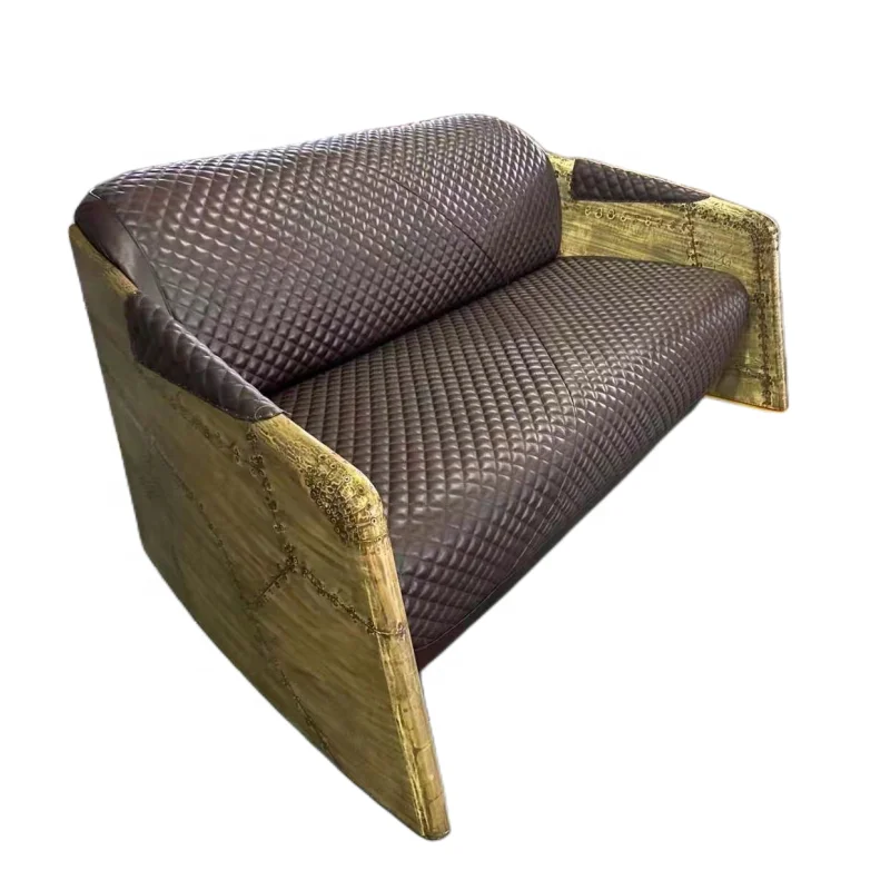aviation hotel furniture luxury vintage red leather sofa set 3seat with armchair antique brass metal arm rest comfort sofa