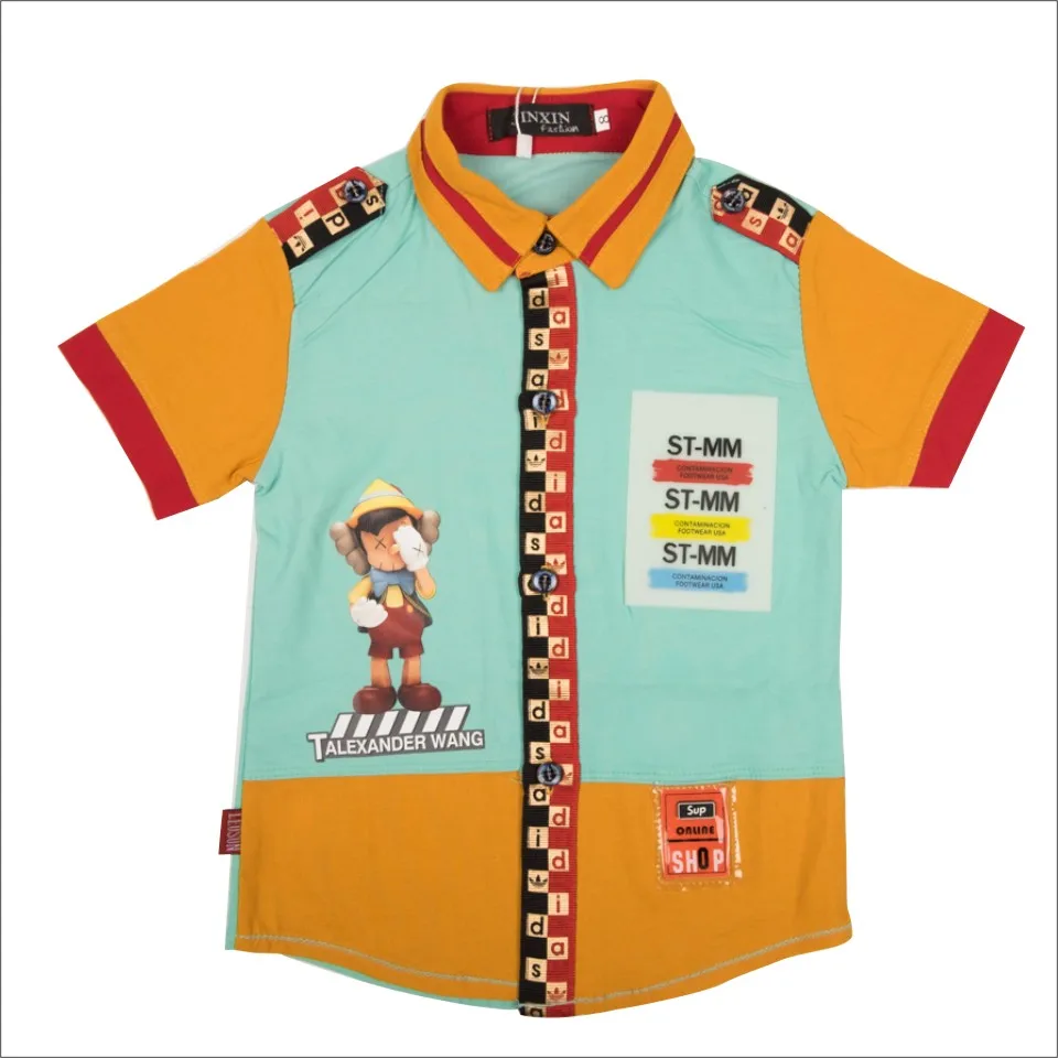 Летние хлопковые мыть усадка с короткими рукавами и принтом в виде эластичная повязка на головку с кожаным лейблом золотой пояс, рубашка для мальчиков