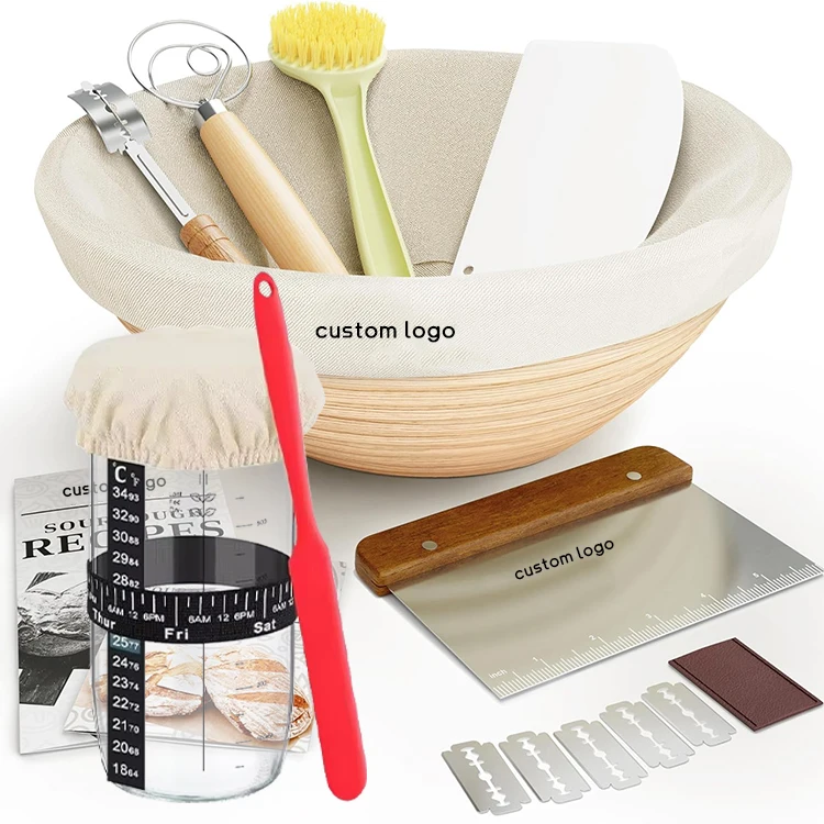 Hot sale 9 inch round bowl bread proofing basket set kitchen natural rattan sourdough starter kit