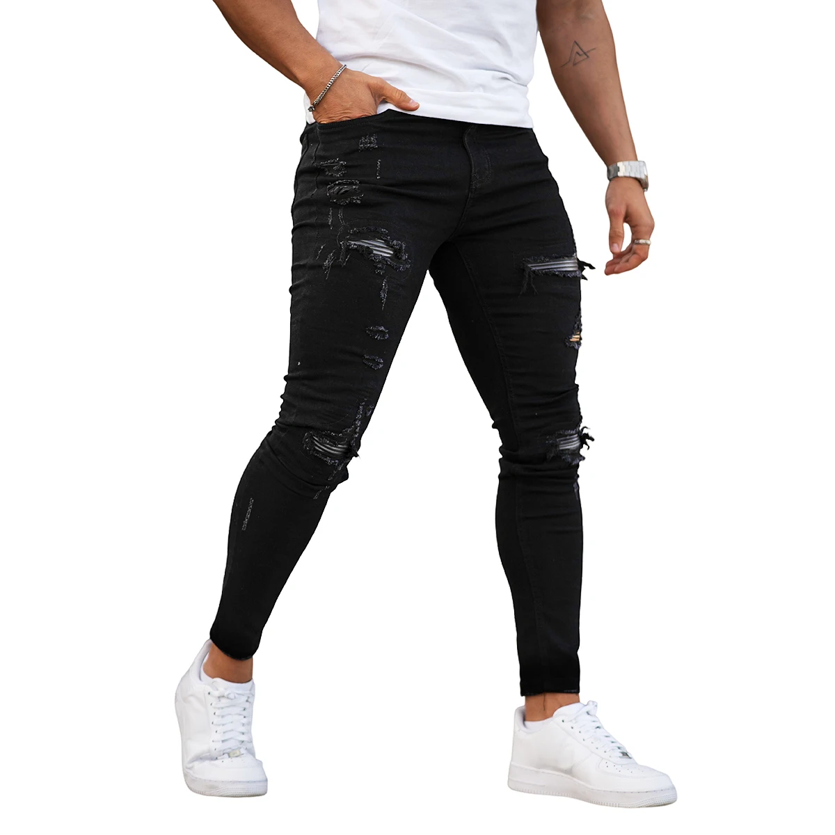 Gingtto Custom White Black Denim Men Jeans Pants Trousers For Men Tapered Stretch Distressed Ripped Damage Skinny Jeans