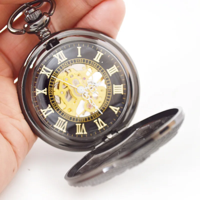 Antique hollow Manual Black Hand Winding mechanical Retro Roman Snow Pocket Watch