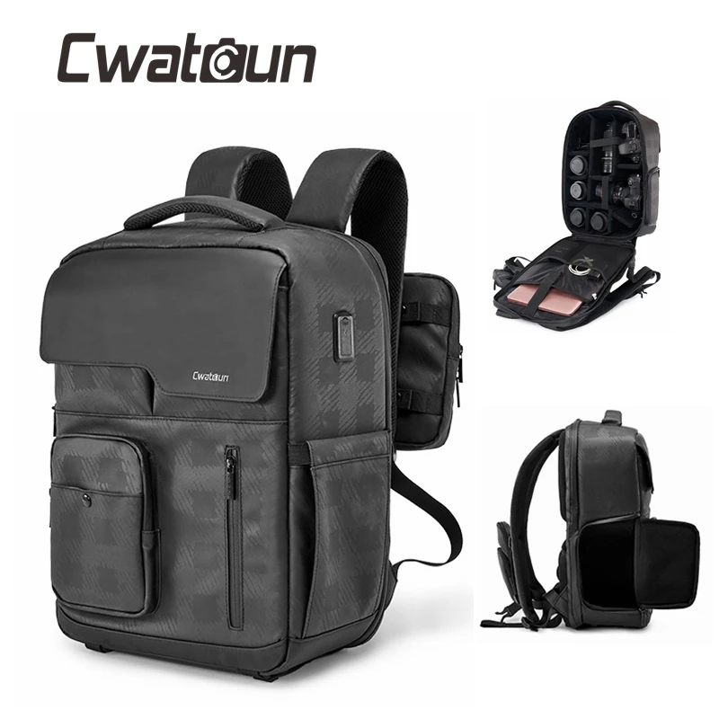 Cwatcun D97S  Photography Rucksack Travel Hiking Large Camera Video Dslr Leather Camera Backpack Bag for Laptop Camcorders