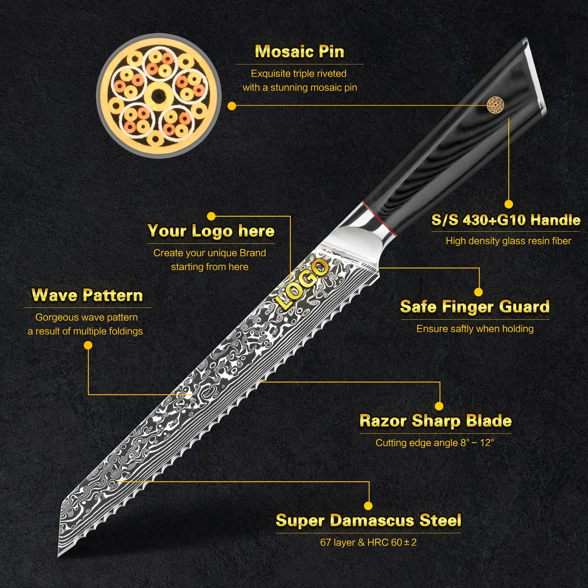 Black G10 Mosaic Rivet 8 Inch 67 Layers Damascus Steel Bread Slicer Japanese v Gold Serrated Blade Bread Knife with vg10 core