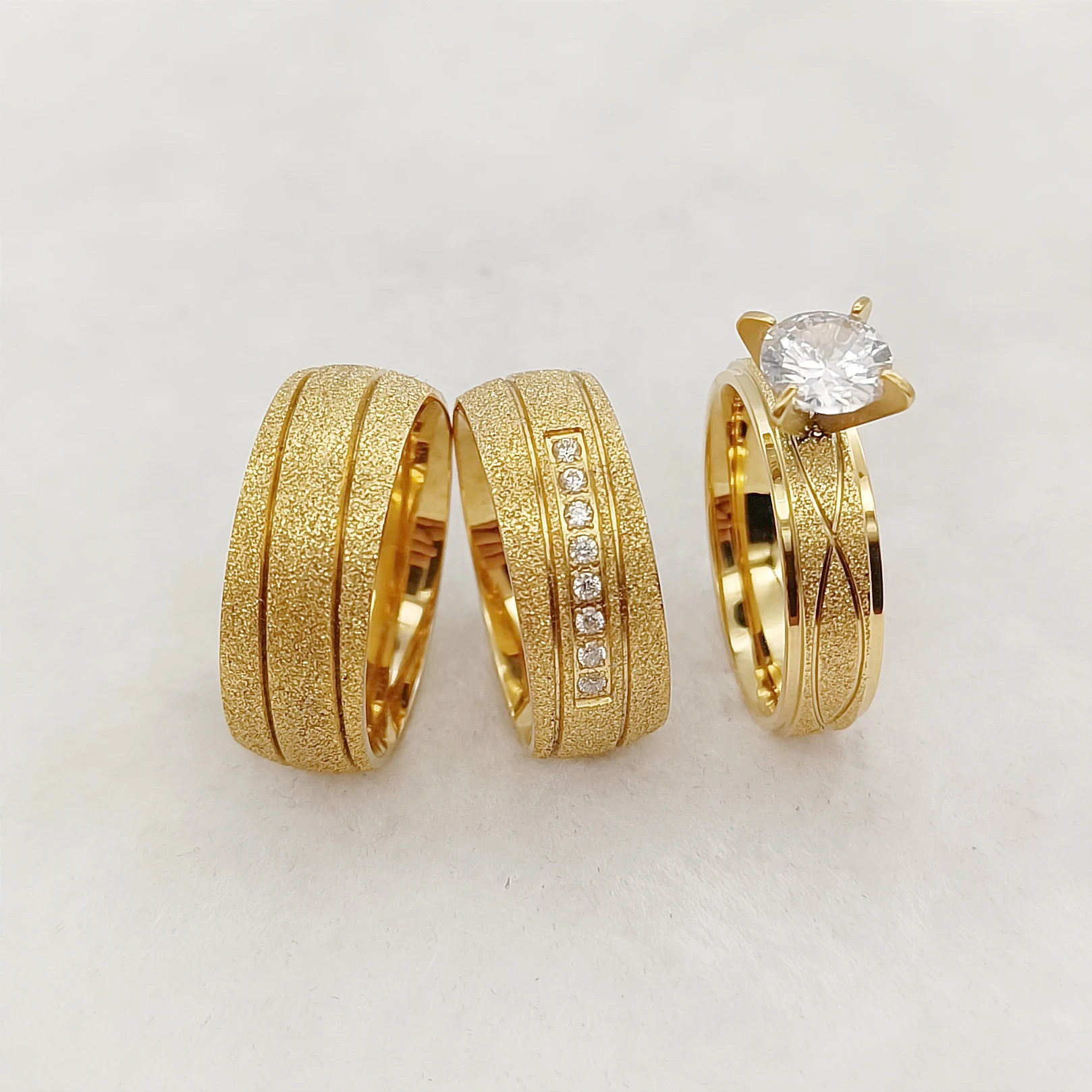 Glorious Frosted 3pcs Bridal Sets Wedding Engagement Rings For Men and Women Frosted 24k gold plated Jewelry