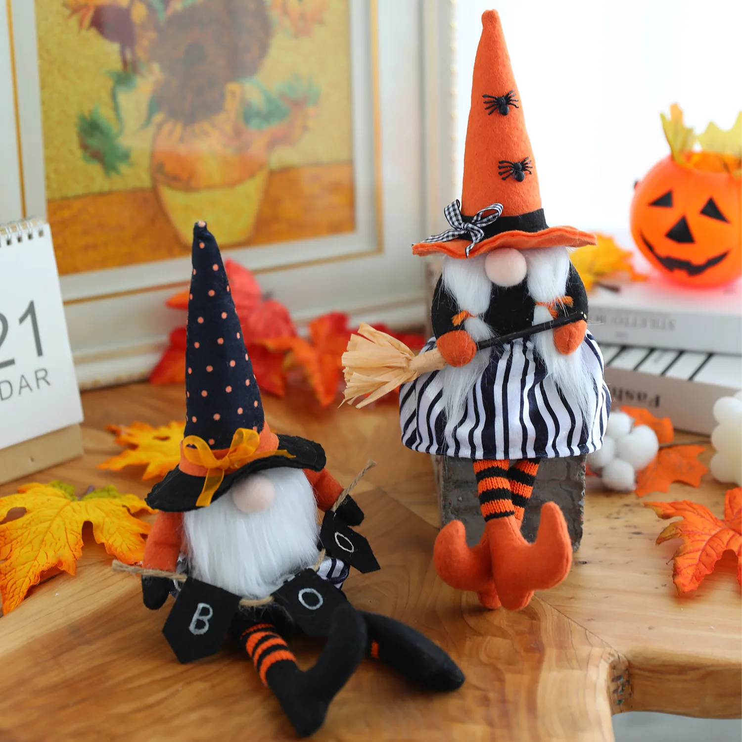 Halloween gnomes plush faceless dolls  handmade broomsticks black flags long legs tall hats faceless dolls for Halloween decors