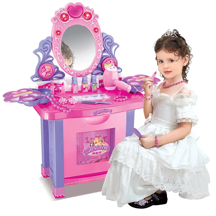 High Quality Plastic Kids Girl Play House Toy Mini Makeup Table Lighting Music Children Dressing Table Set