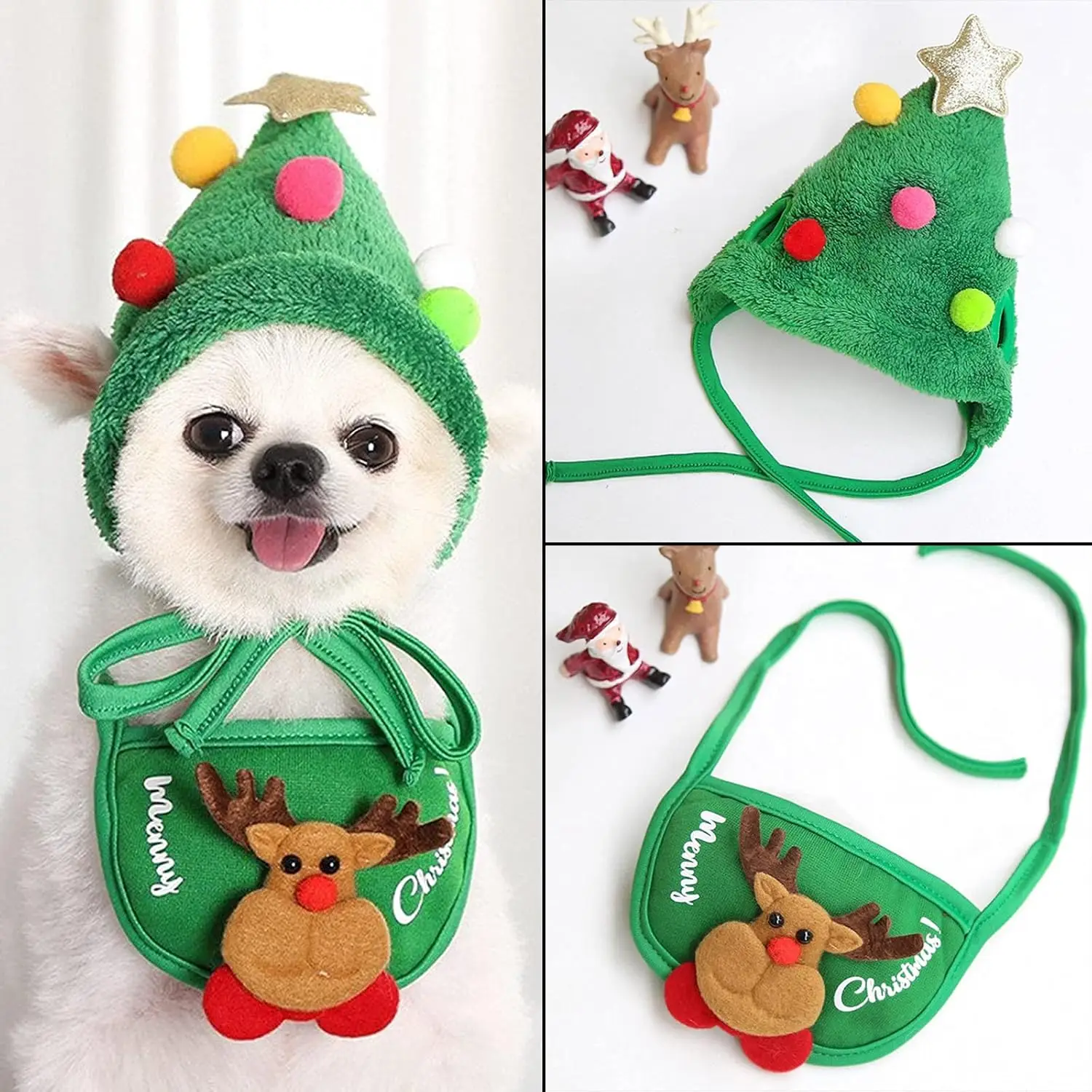 Dog Christmas Bandana Santa Hat Plush Xmas Tree Elk Antler Cap Santa Reindeer Saliva Towel Bib Adjustable Costume Outfit for Pet