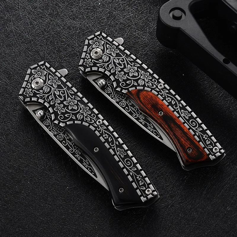 Free Sample Etched Pattern Bushcraft Folding Knife Color Wooden Handle Pocket Knives Outdoor Hunting Survival High Carbon Steel