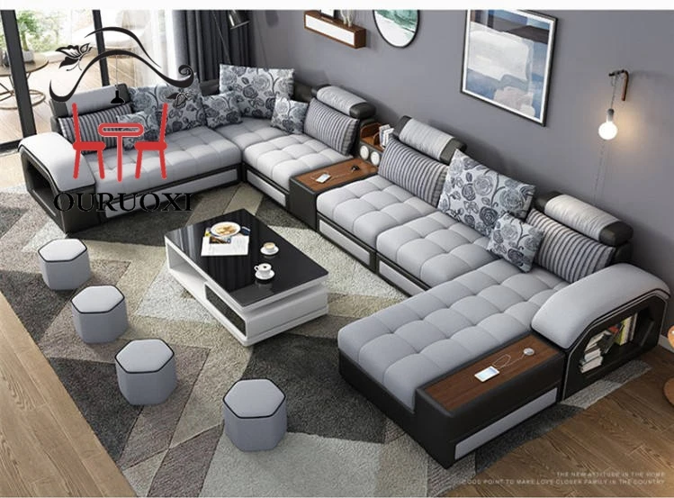 U Shape 7 Seater Sofa Fabric Modern Design Sofa Set Furniture Living Room Sofa