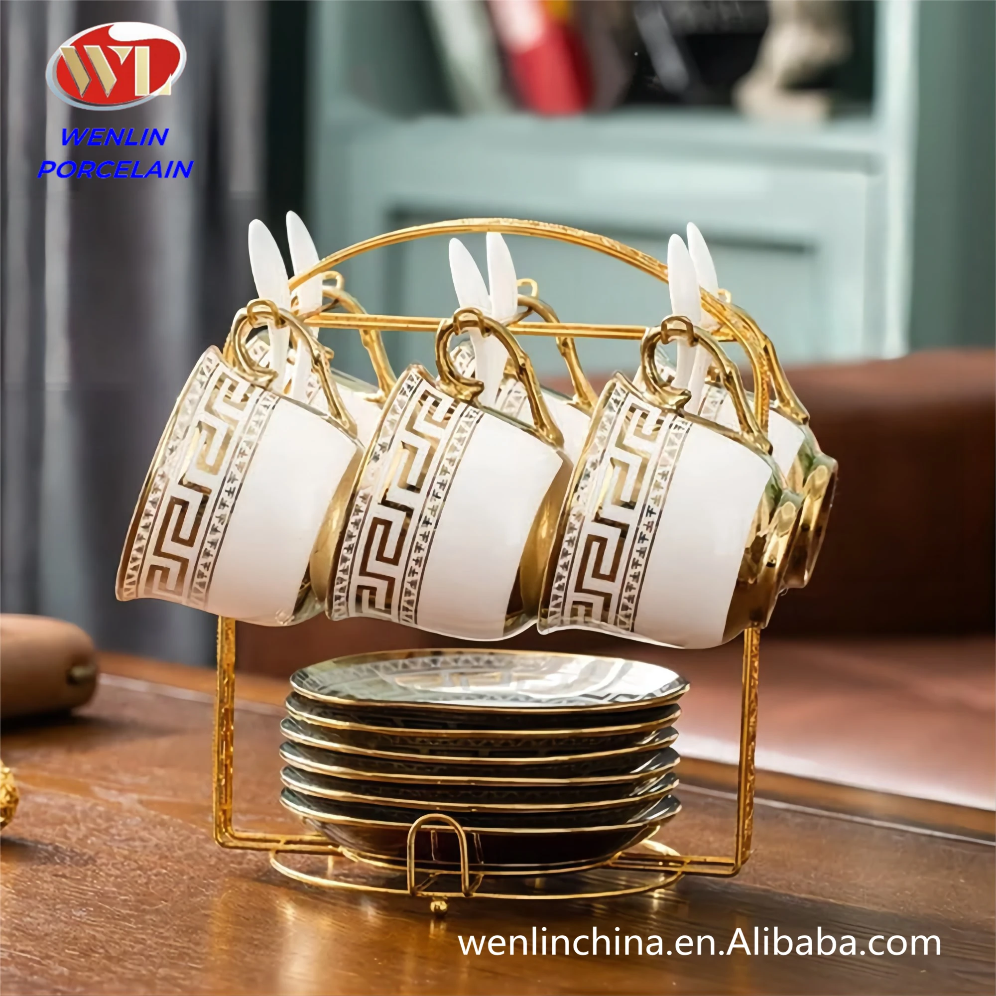 13pcs Coffee  and Tea Set with Mental Stand Wholesale High Quality Arabia Golden Cup and Saucer Turkish Ethiopian Tea Set Mug