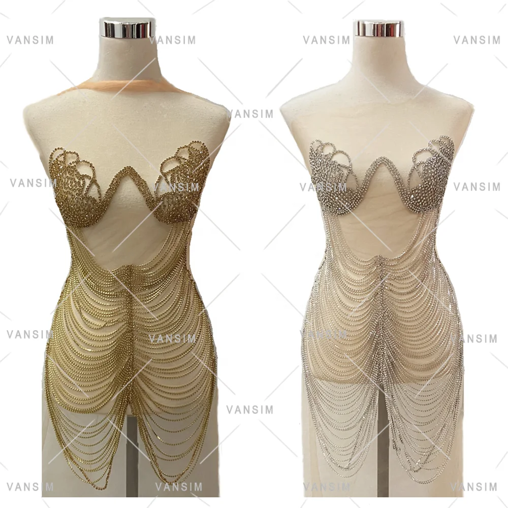 new design gold pink rhinestone chain bodice dress applique for wedding,dancing