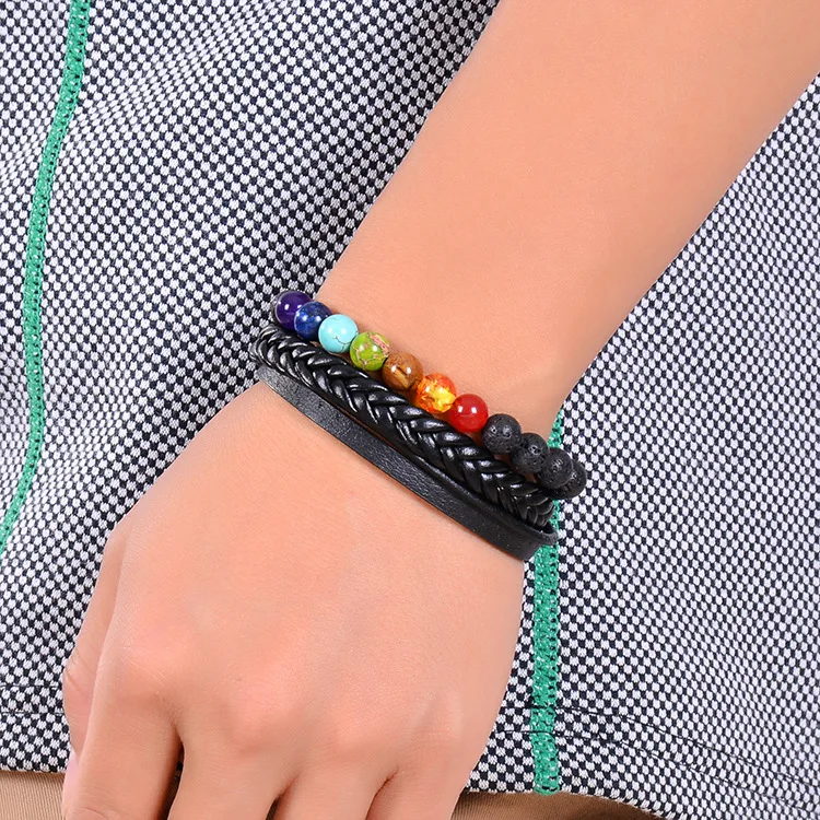 Hot Selling Colorful Frosted Natural Volcanic Stone Beaded Bracelet Braided Leather Magnetic Buckle Bracelet