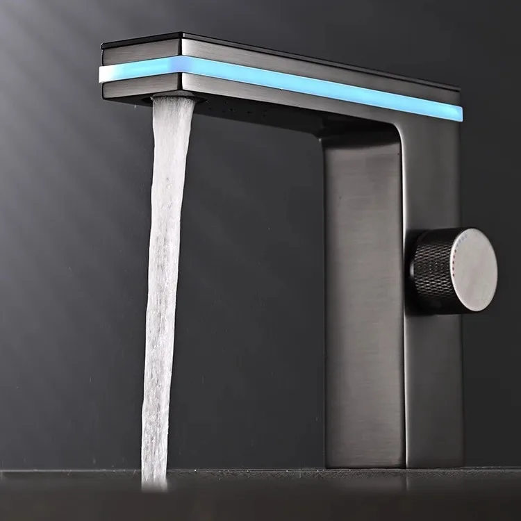 Automatic Digital Display Brass Basin Faucet Classic Design Deck Mounted Laundry Hot Cold Water Copper Sink Faucet Brushed