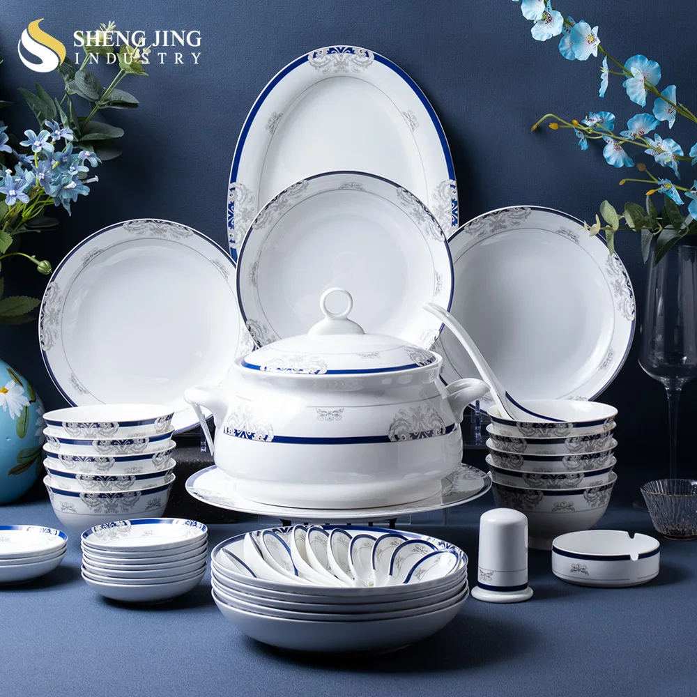 European Fine Bone China White Ceramic Restaurant Hotel Household Dinnerware Dinner Tableware Set With Blue RimSets