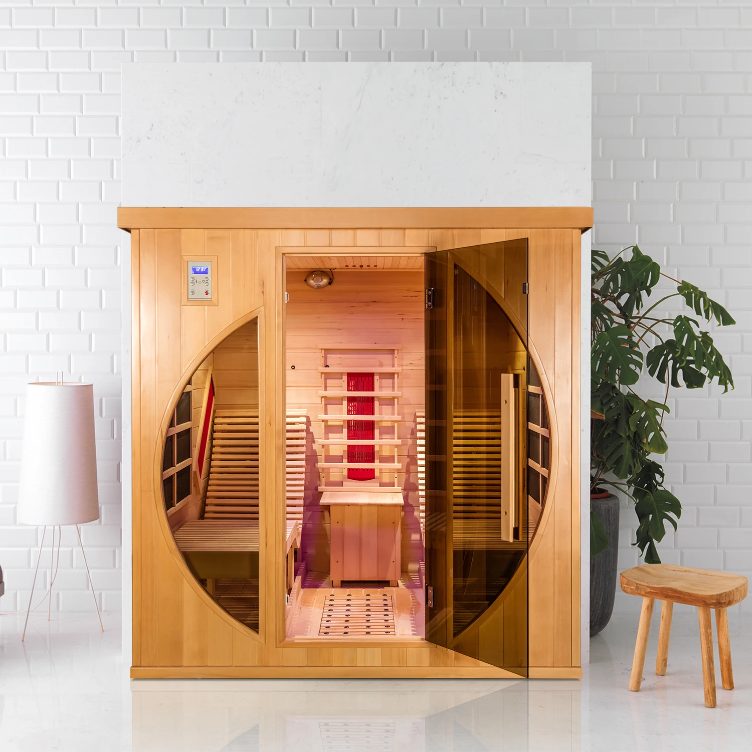 smartmak 2-3 People Indoor Saunas Hemlock Low EMF Far Infrared Sauna with Carbon Heaters Chromotherapy Lighting Oxygen