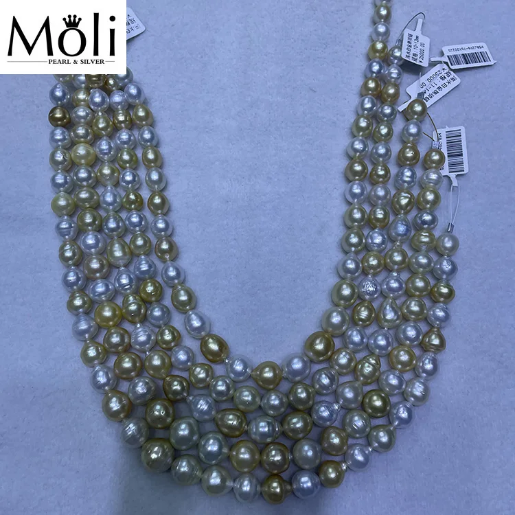 Fine Jewelry 10-12mm Seawater South Sea Natural Gold and White Mix Color Pearl String Necklace for Jewelry Making Ready to Ship