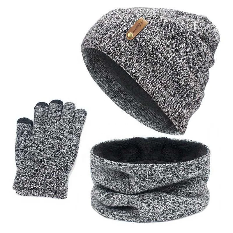 Winter Men and Women Hat Touch Screen Glove Autumn Winter Thick Wool Knitted Beanie Hat Scarf Collar Set