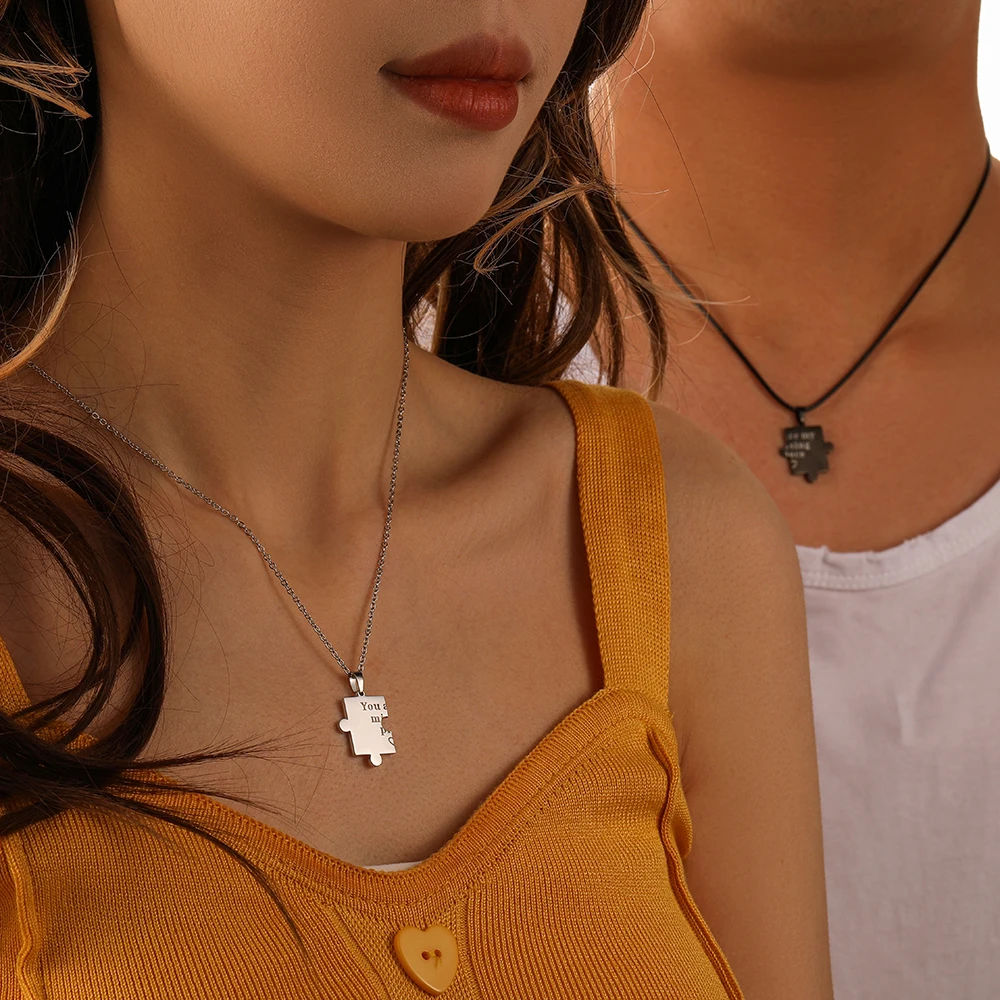 Fashion puzzle 2pcs/set Lover Couple Jewelry Necklace Silver Black Stainless Steel Puzzle Engraved Necklace Wholesale