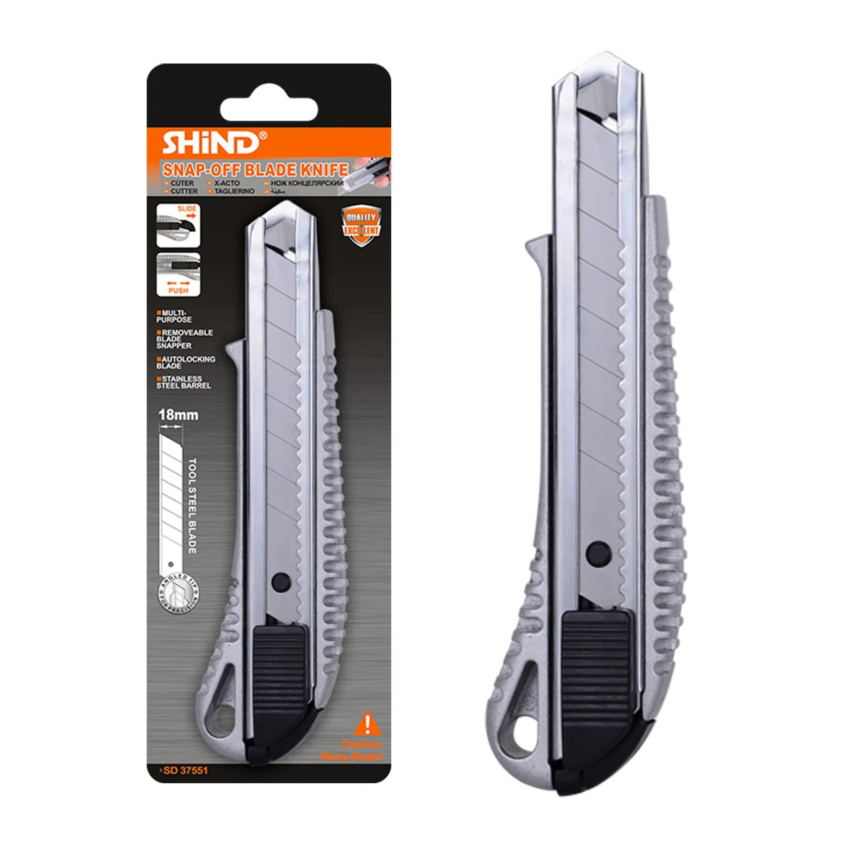 SHIND 37551 Aluminum Alloy Utility Knife 18mm*8 Snap-off Blade Multi-functional Cutter Removable Blade Snapper