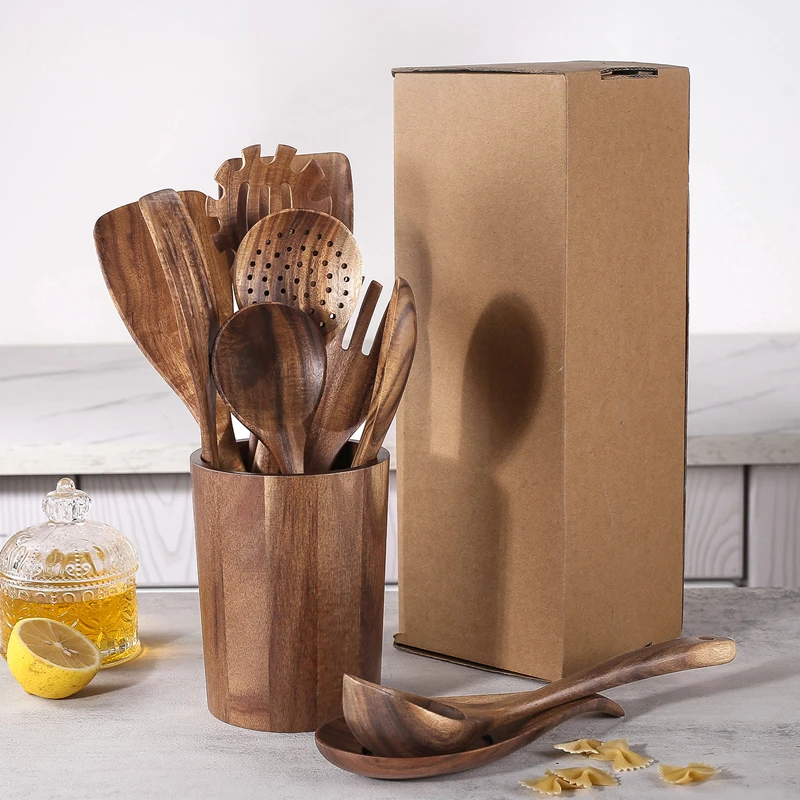 Manjia Wooden Spoons for Cooking Natural Wood Kitchen Utensils Set Spatulas Strainer Serving Spoon Salad Spoon Soup Ladle