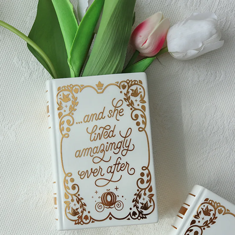 Luxury Nordic Home Hotel Decorative White and Gold Ceramic Book Shaped Flower Vase Pen holder for Office