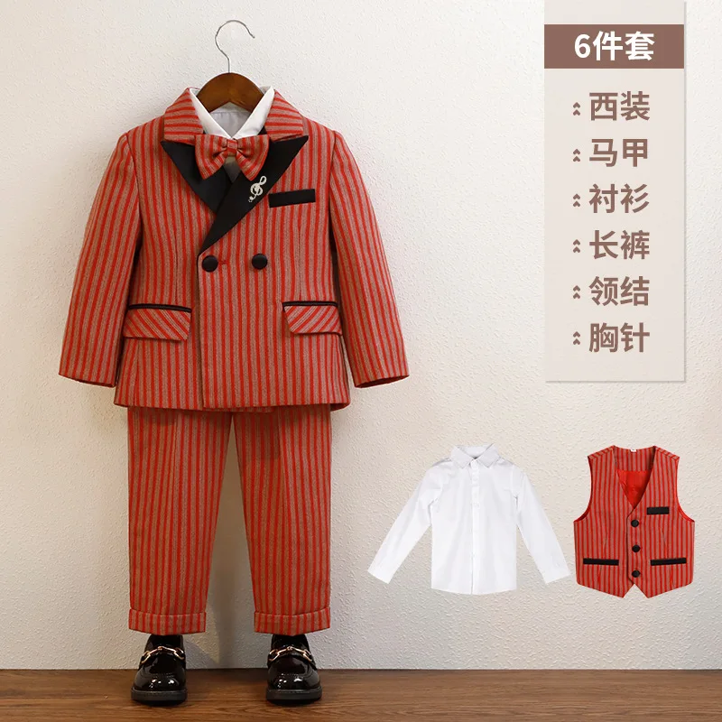 Red Stripe Children Handsome Blazers Suit Kids Piano Stage Performance Baby Boys Birthday Party Wedding Formal Suits Clothes