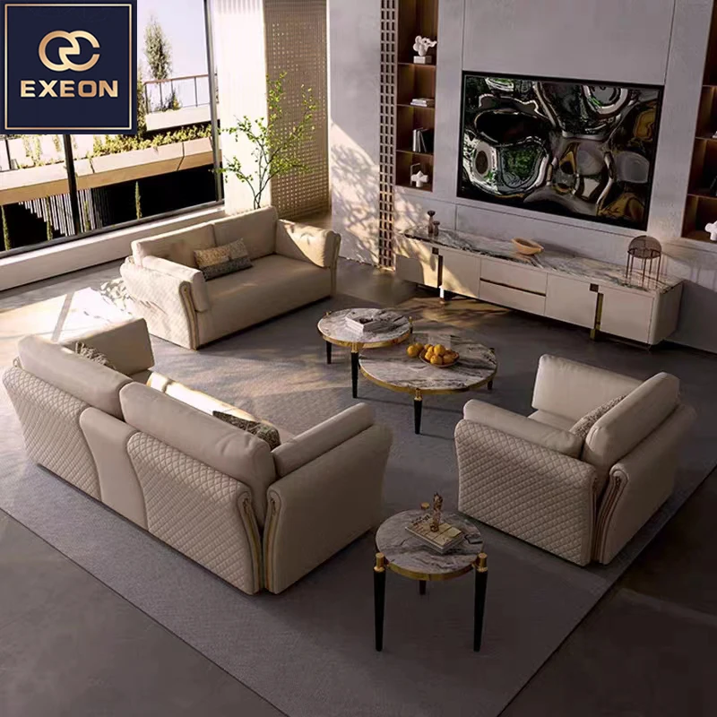 Modern Luxury Light Leather Sofa High-end Villa Design Living Room Soft Sofa