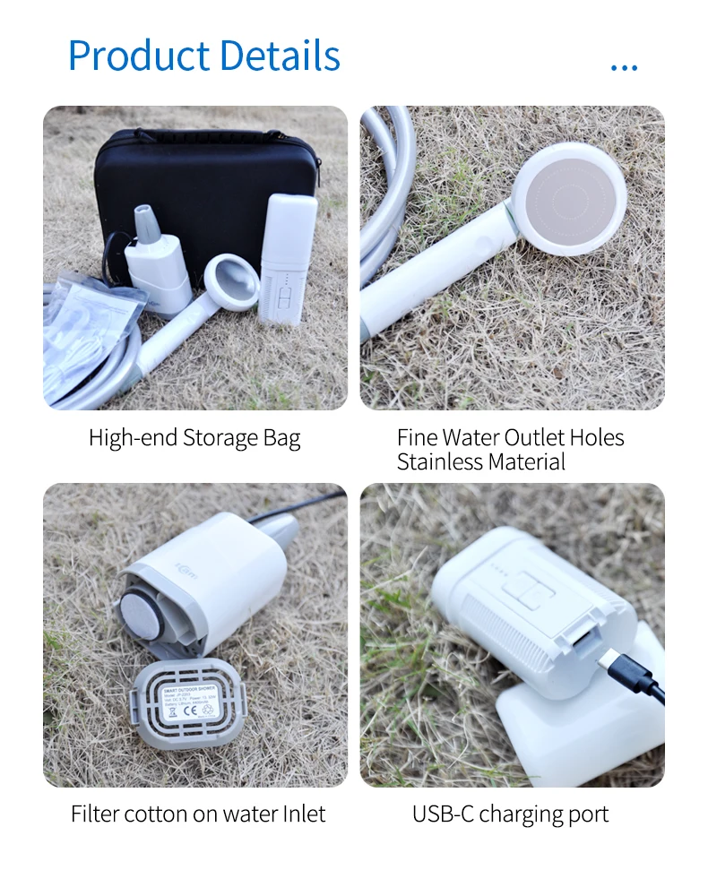 Outdoor Camping Shower 3.7V Rechargeable IPX8 Waterproof Pump Portable Shower with Light for Hiking Travel Bathing