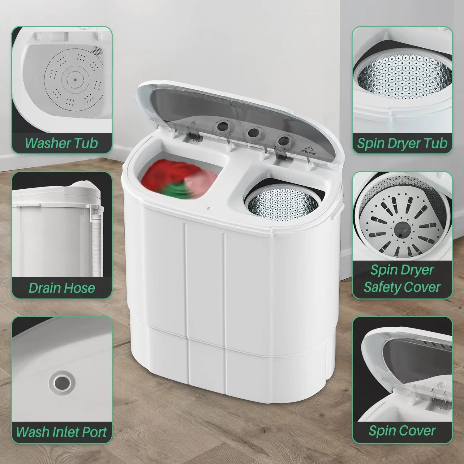 Portable Small Washing Machine  Mini Compact Washer and Dryer Combo 2 in 1 Apartment Washers with Twin Tub for Laundry