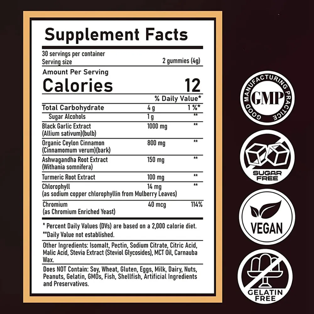 Sugar-Free Aged Black Garlic Supplement 1000mg Black Garlic Turmeric Ginger Gummies with Plus Organic Ceylon Cinnamon Gummy