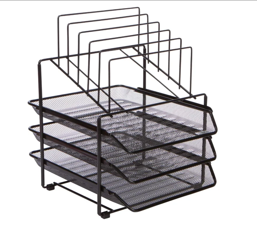 Mesh Desk Organizer and Storage - Office Organizer with 3 Sliding Letter Trays and 5 Vertical File Holders Document Trays Metal