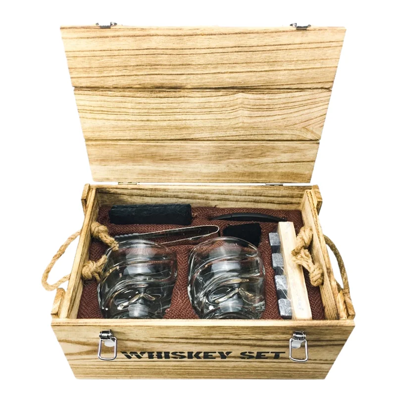 Whiskey Deluxe Gift Set and Glasses with Dark Retro Wooden Crate Including 8 Natural stones.