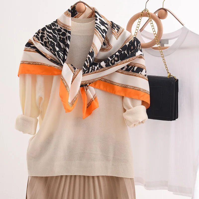 Print Satin Square Head Hijab Silk Feeling Scarfs for Ladies Soft Leopard Shawls 90*90cm  Female Chic Muffler