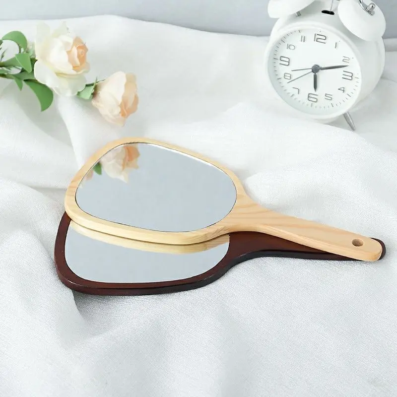 Wooden handle portable Oval Makeup mirror Private brand HD handle vanity mirror